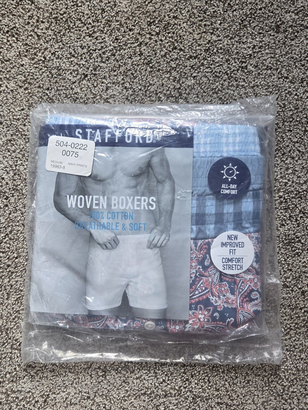 NWT Stafford Mens Woven Boxers 4 Pack M Medium 100% Cotton Comfort Stretch